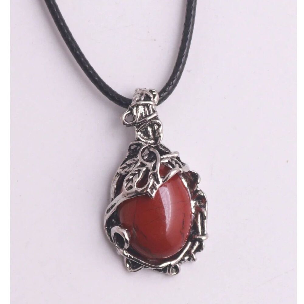 Silver Wrapped Brecciated Jasper Pendant Necklace Oval Gemstone Crystal Charm